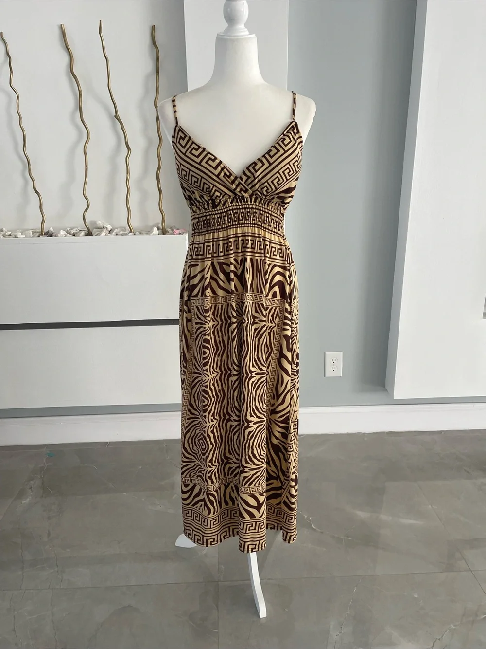 Brown Patterned Midi Dress with Spaghetti Straps